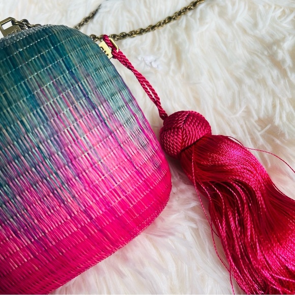 Serpui Marie NWOT Ombré Woven Clutch Crossbody Pink Green Tassel - Picture 11 of 12